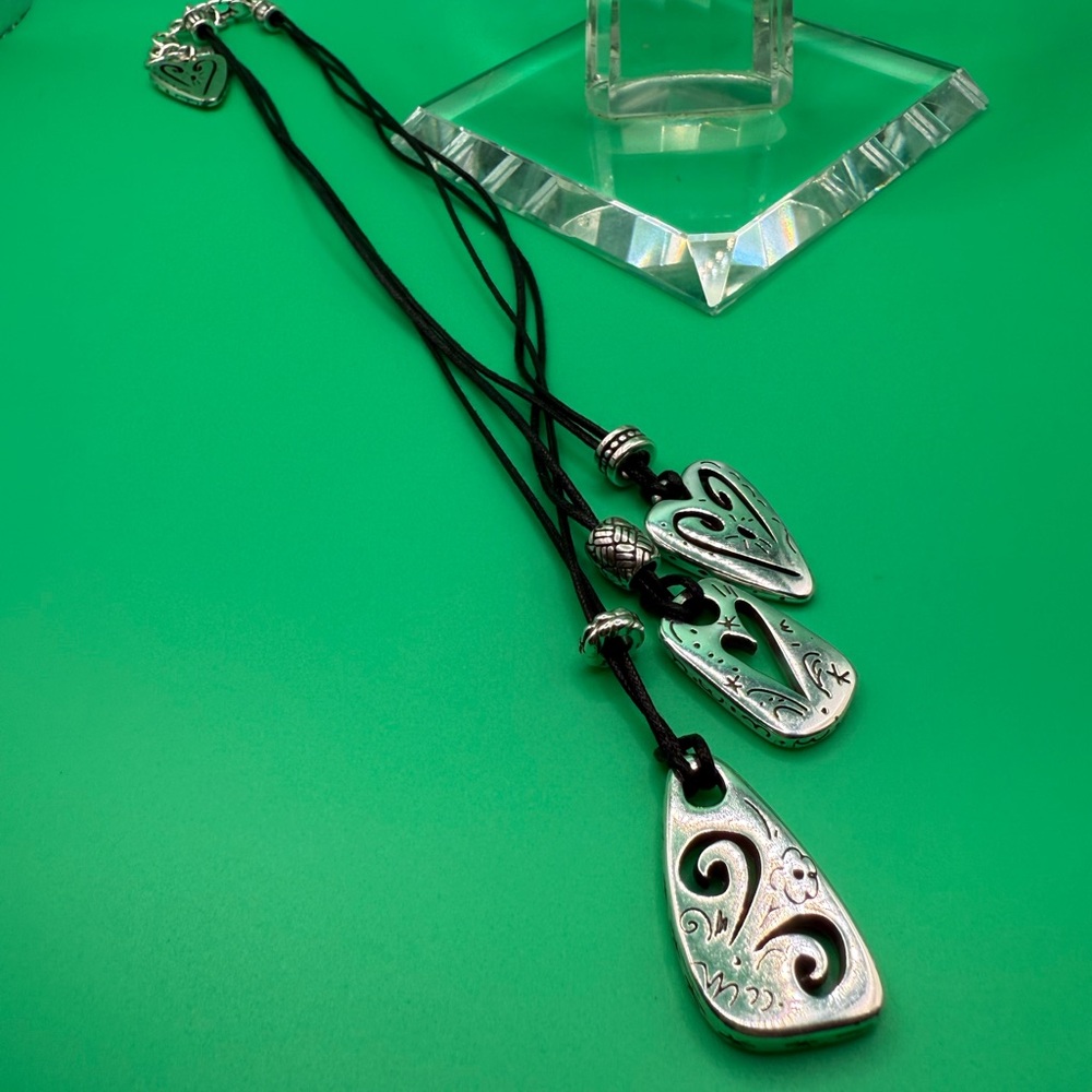 - Brighton Brazilian Black Cord 3 Strand Silver 4 Charms Heart Necklace Et…